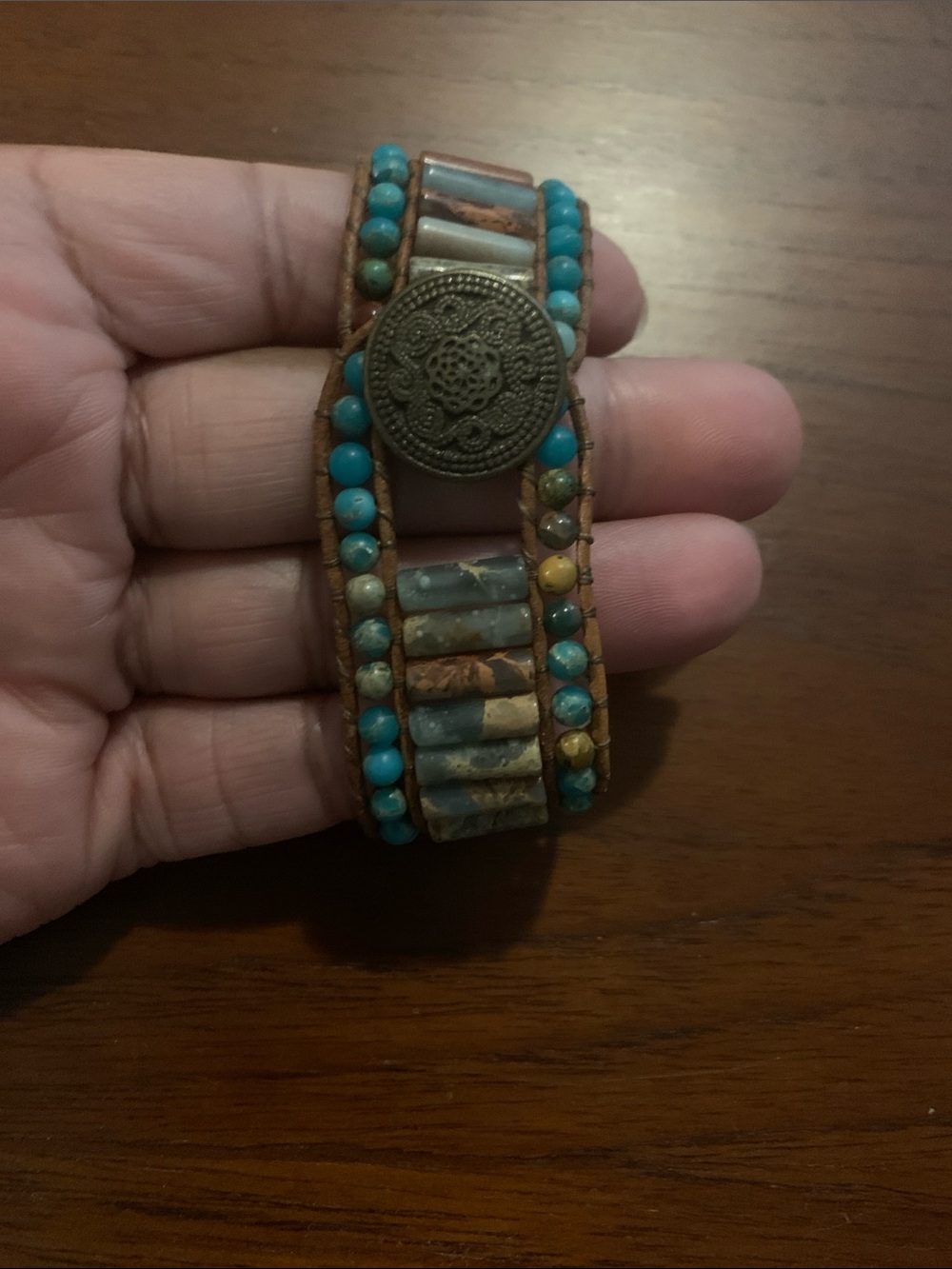 Boho Turquoise & Brown Glass Beaded Leather Wrap Bracelet
